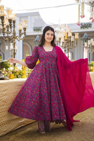 designer-fine-cotton-suit-set-full-flaired-mugal-print-anarkali-gown-beutiful-full-length-duppta-with-plazo-pent-big-1