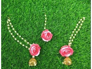 ARTIFICIAL ROSE FLOWER JHUMKI WITH EAR CHAIN