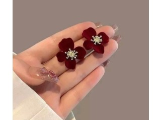 Velvet Maroon Floral Korean Stud Earrings