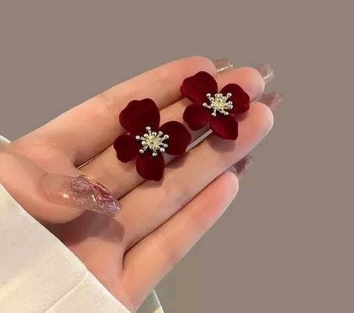 velvet-maroon-floral-korean-stud-earrings-big-0